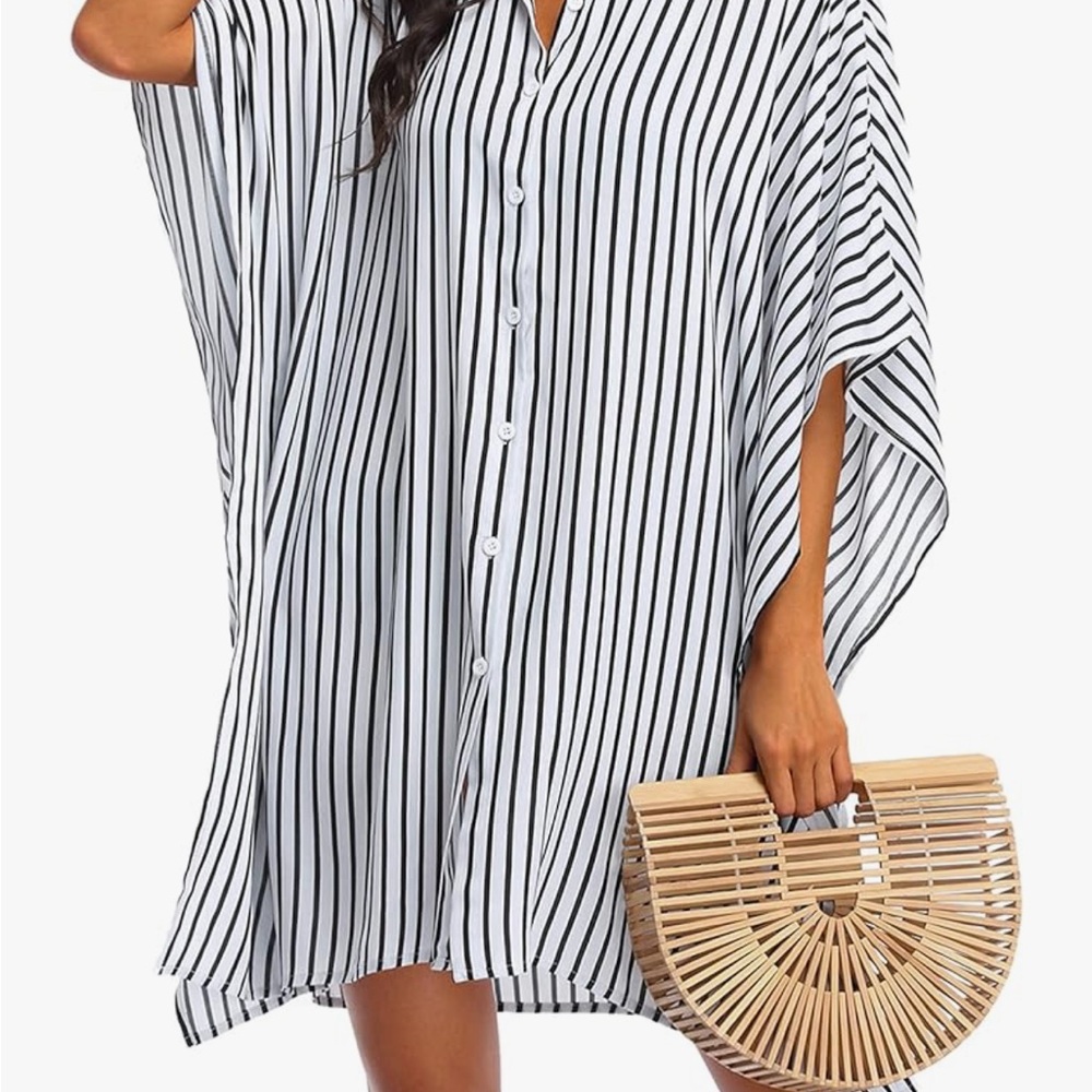 Black and White Striped Swim Coverup